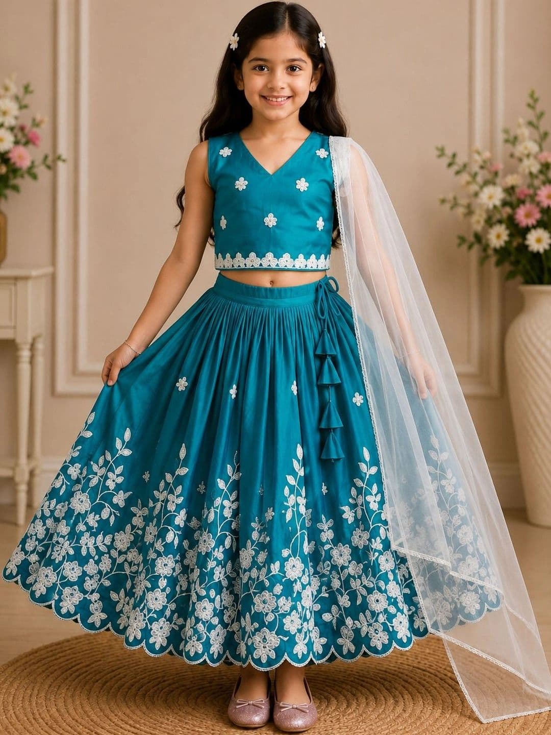 KALINI Girls Embroidered Thread Work Ready to Wear Lehenga & Blouse With Dupatta - view 1