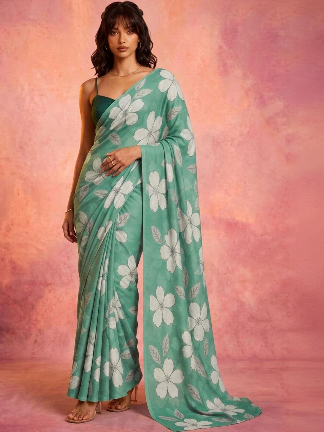 KINDA DESI Floral Zari Pure Chiffon Fusion Saree - view 1