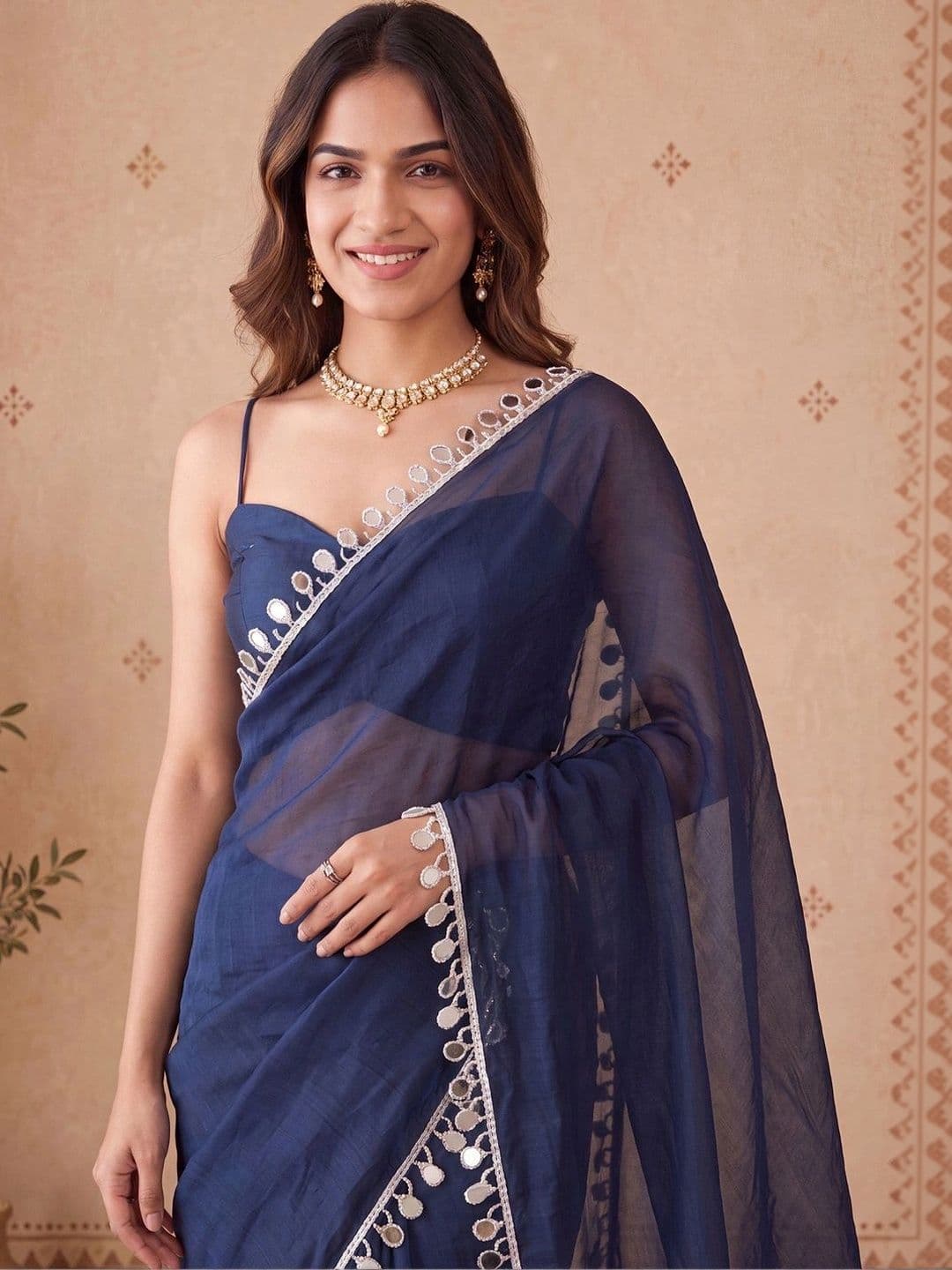 Anouk Mirror Work Satin Designer Saree thumbnail 5