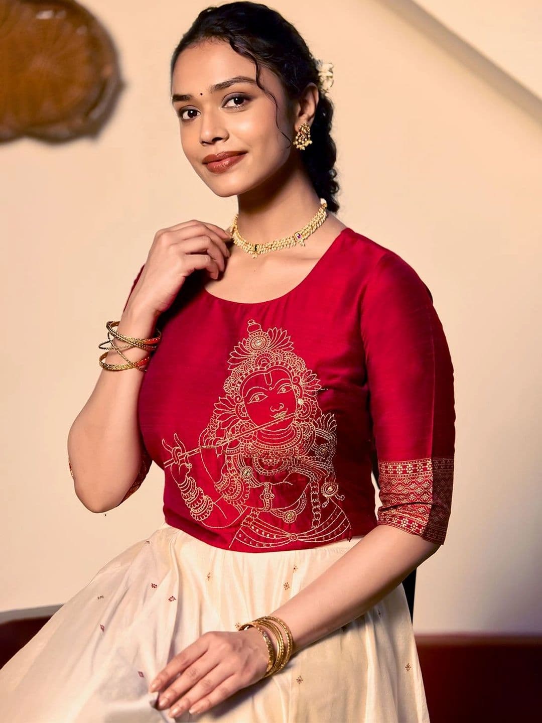 Maybell Women's Silk Blend Embroidered Round Neck Onam Theme Top with Skirt Set thumbnail 5