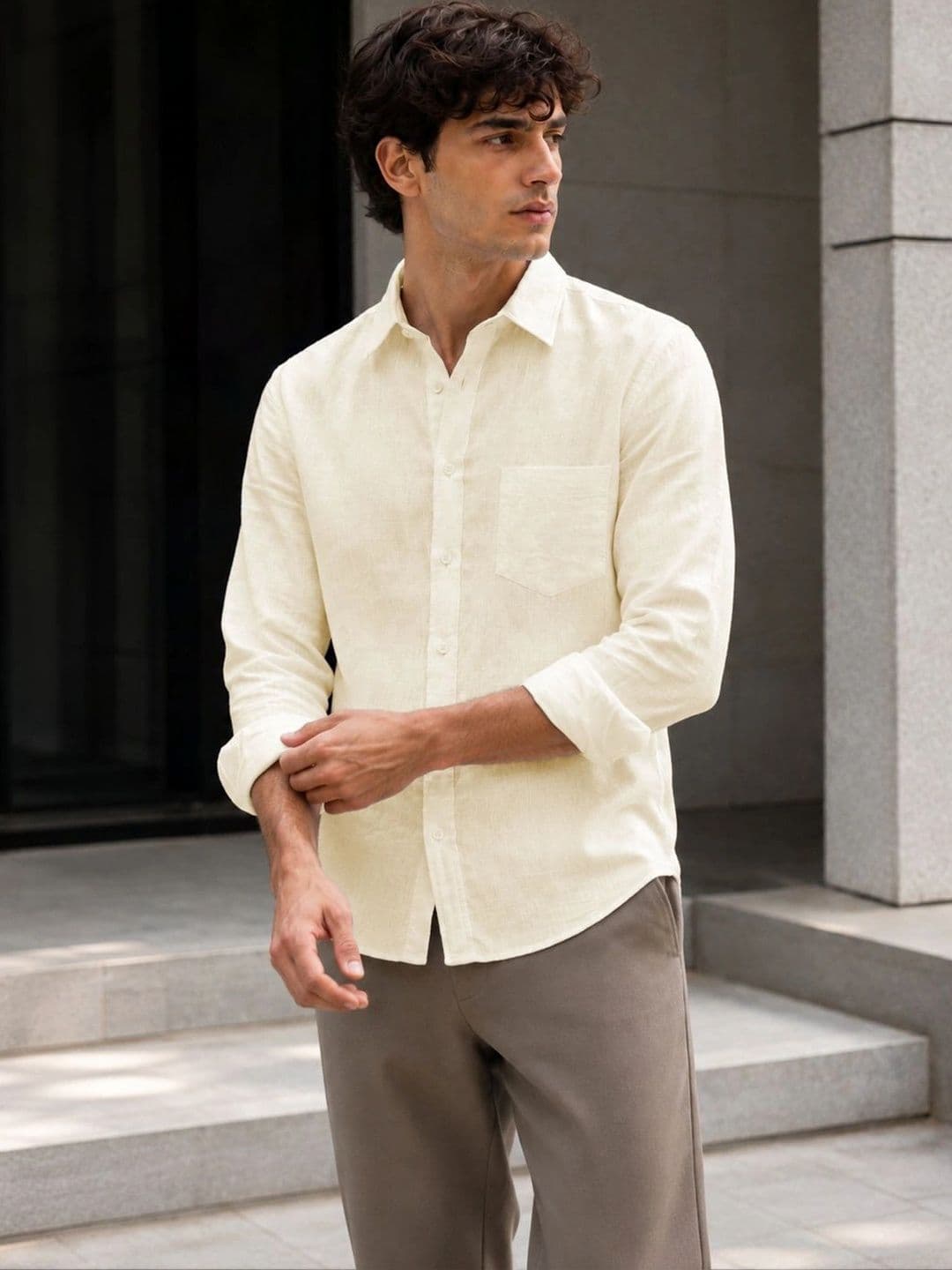 FRANKSHIRT Men's CreamTextured Linen Shirt Full Sleeve Casual Regular Fit Shirt thumbnail 6