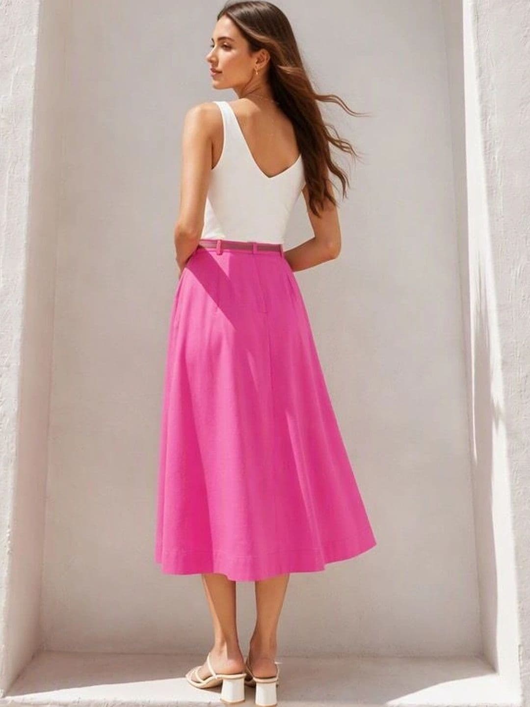 Virgio Solid Viscose Rayon Flared Midi Skirt for Women thumbnail 3