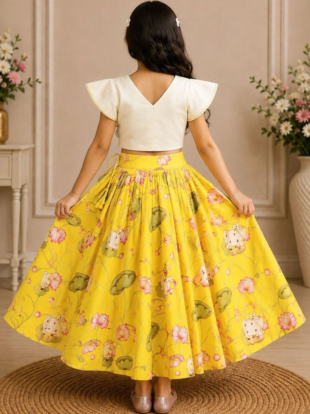 KALINI Girls Printed Kalamkari Ready to Wear Lehenga & thumbnail 3