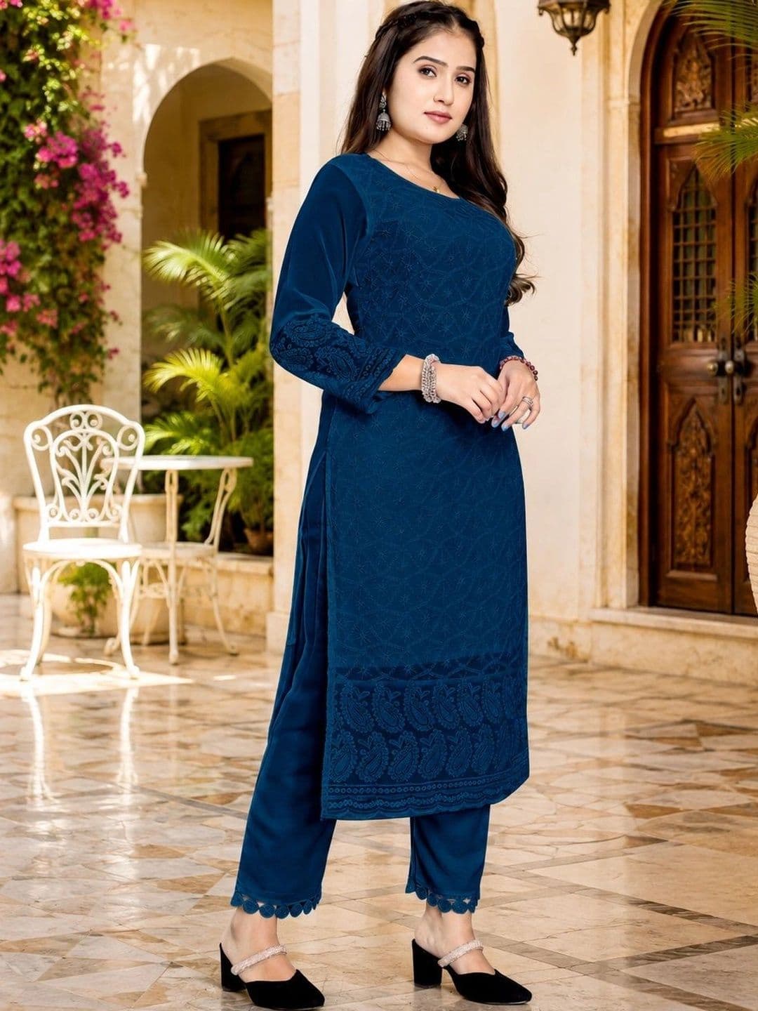 C H CREATION Ethnic Motifs Embroidered Chikankari Pure Georgette Chikankari Kurti thumbnail 5