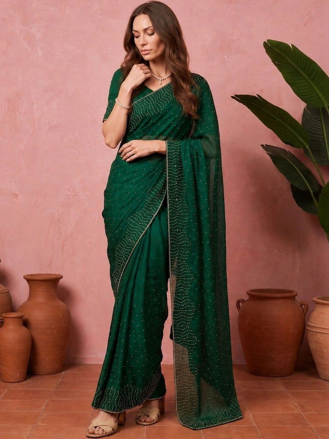 shreevali creation Embellished Beads and Stones Pure Chiffon Saree thumbnail 5