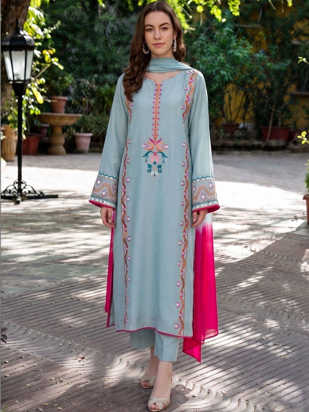 Sangria Women Regular Thread Work Silk Crepe Kurta with Trousers & With Dupatta thumbnail 7