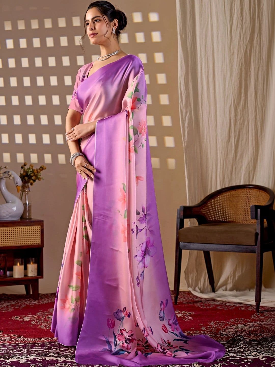 LeeliPeeri Designer Floral Satin Fusion Saree thumbnail 3