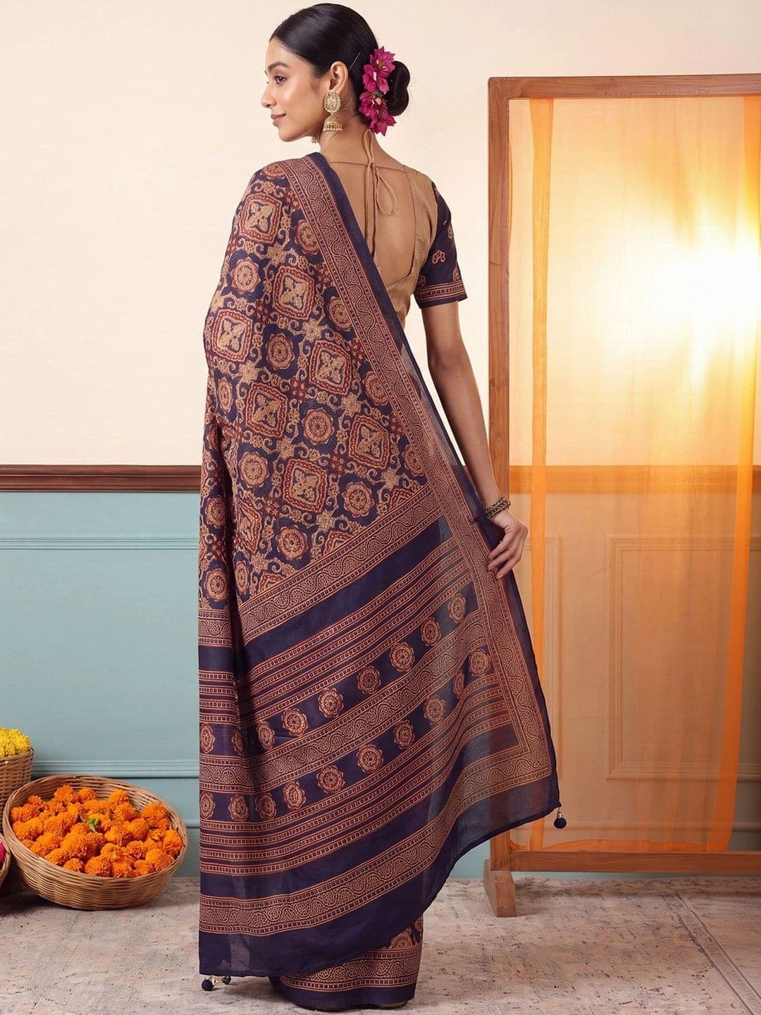 Anouk Ajrak Block Silk Blend Designer Block Print Saree thumbnail 4
