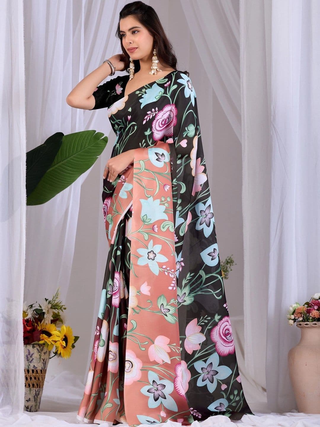 LeeliPeeri Designer Floral Satin Designer Saree thumbnail 5