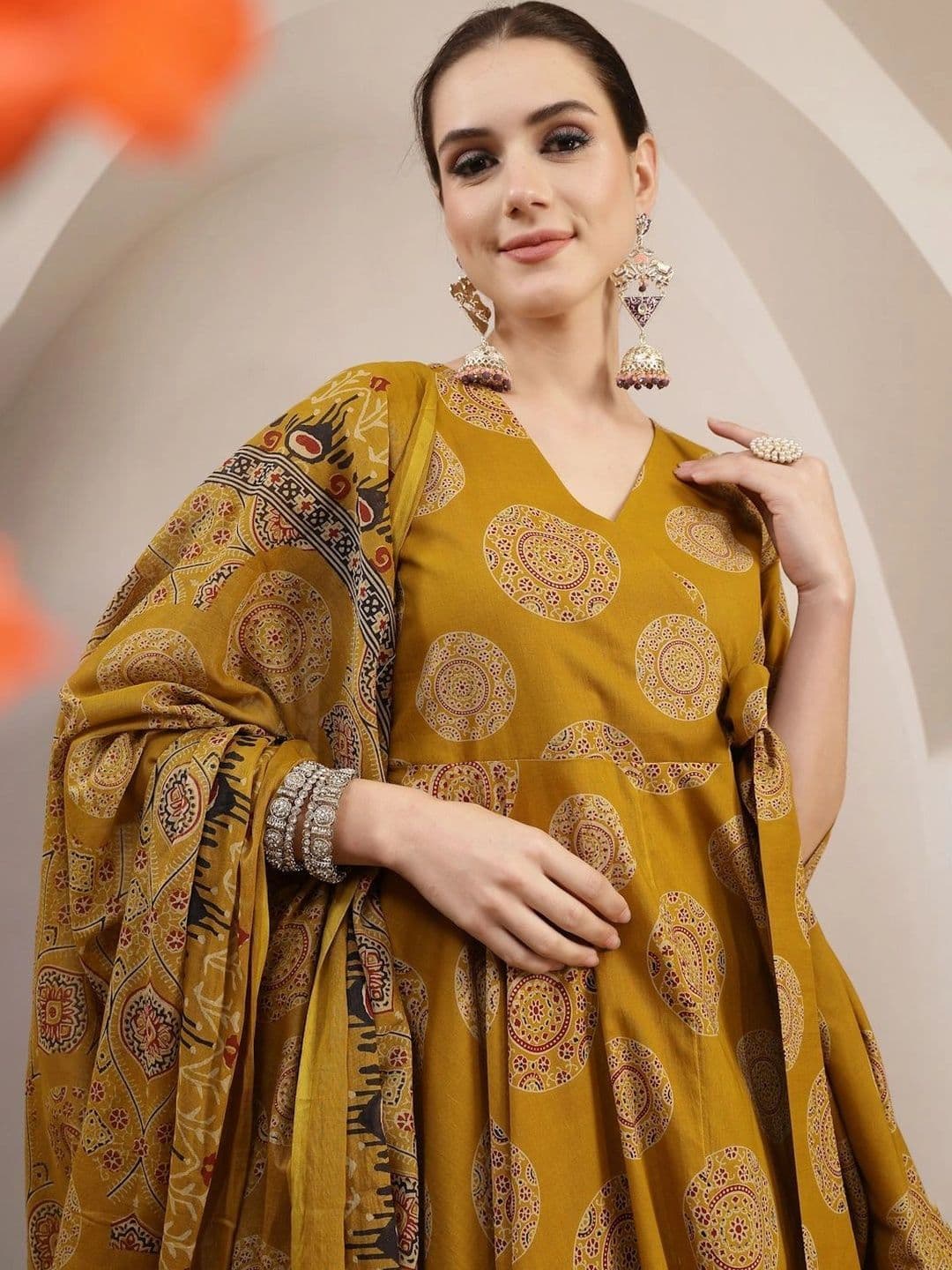 Sangria Women Ethnic Printed Angrakha Pure Cotton Kurta with Trousers & With Dupatta - view 1