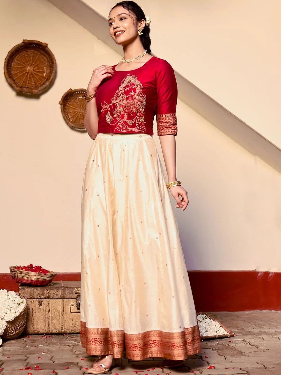 Maybell Women's Silk Blend Embroidered Round Neck Onam Theme Top with Skirt Set thumbnail 2