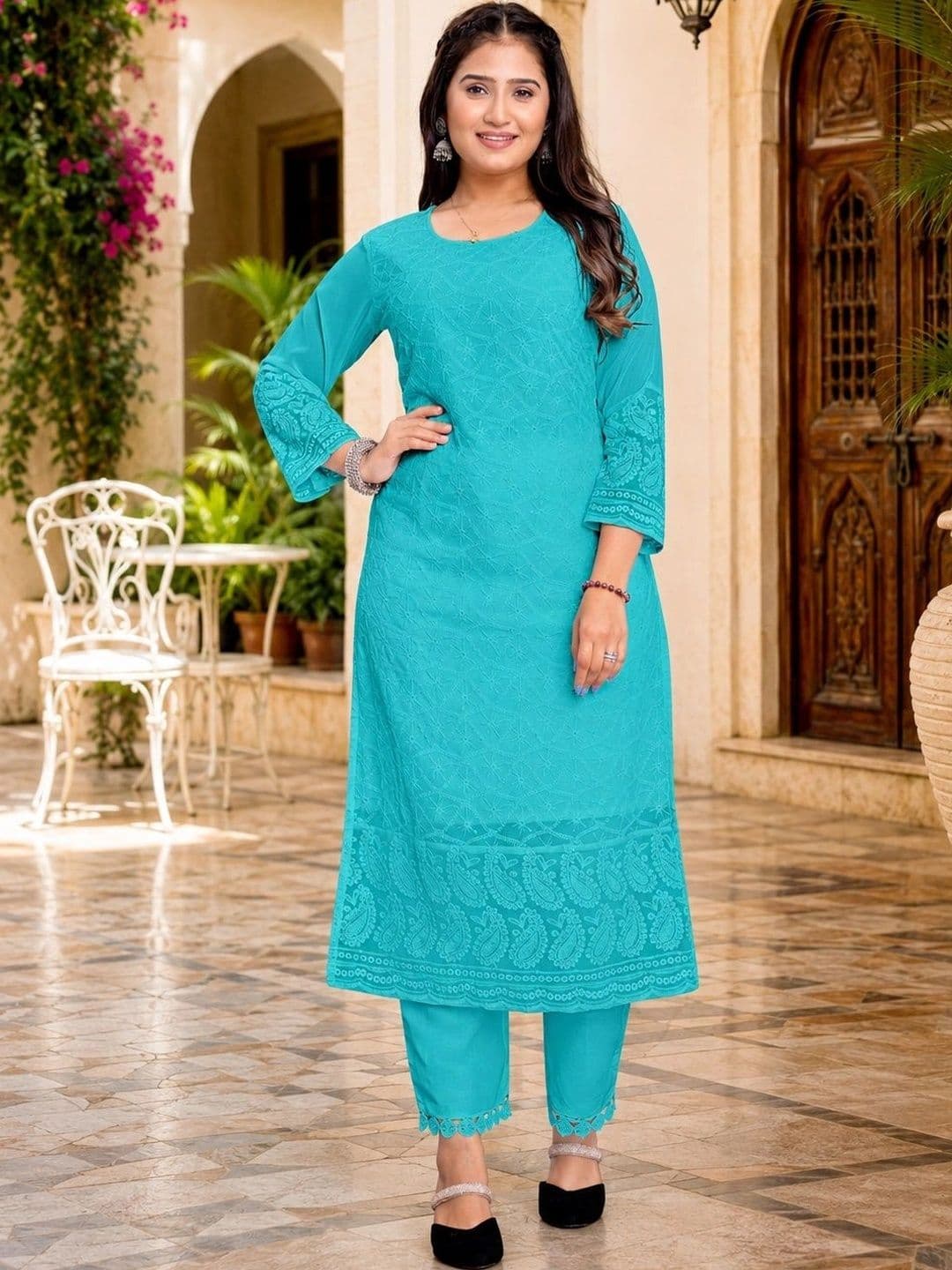 C H CREATION Ethnic Motifs Embroidered Chikankari Pure Georgette Chikankari Kurti - view 1