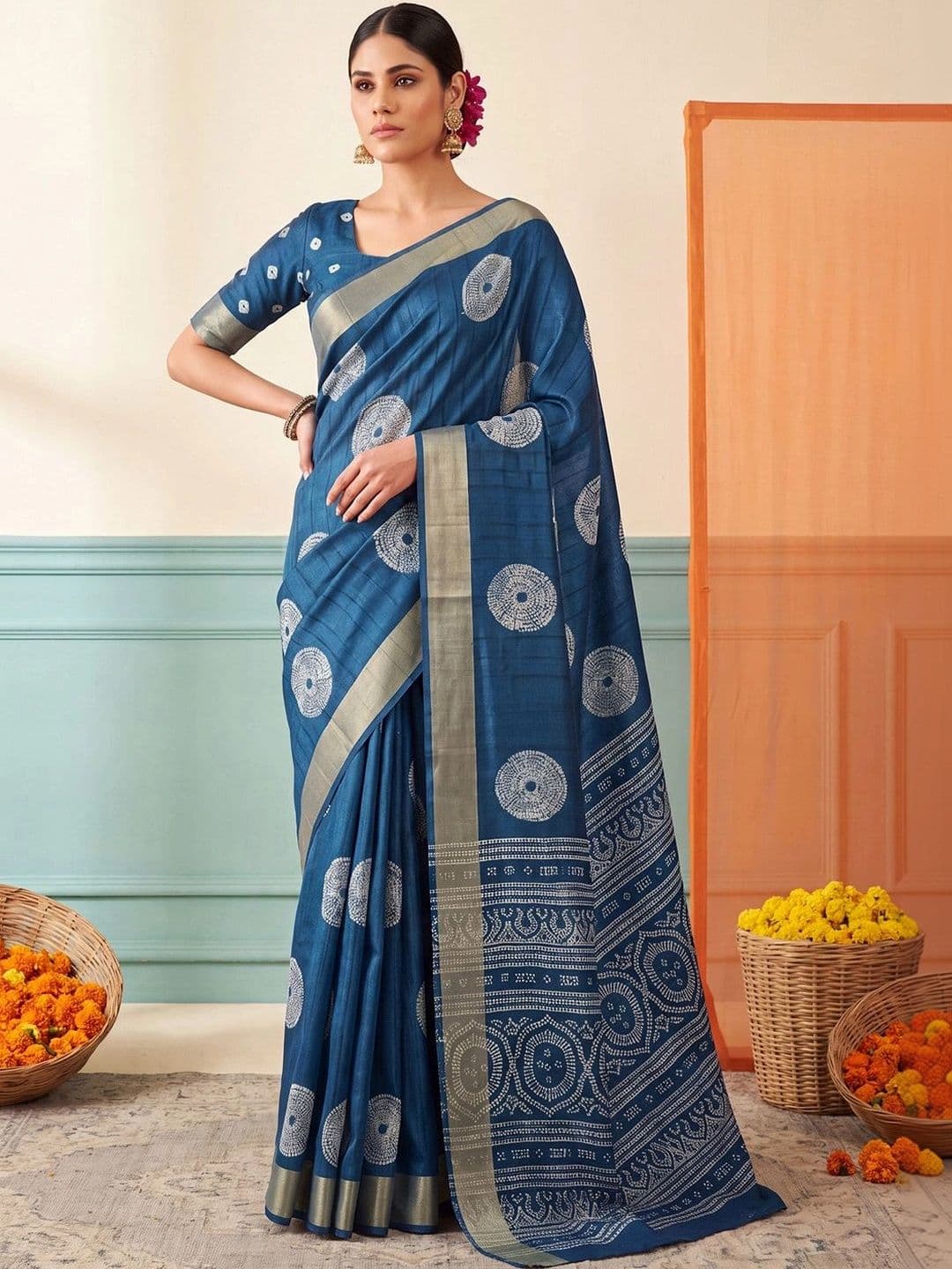 Anouk Batik Zari Silk Blend Designer Block Print Saree - view 1
