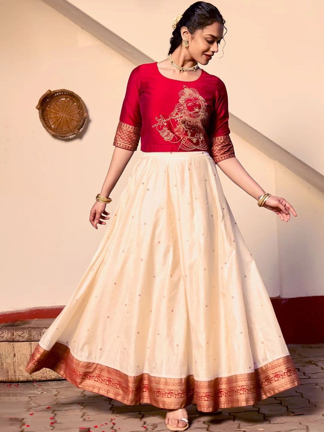 Maybell Women's Silk Blend Embroidered Round Neck Onam Theme Top with Skirt Set thumbnail 7