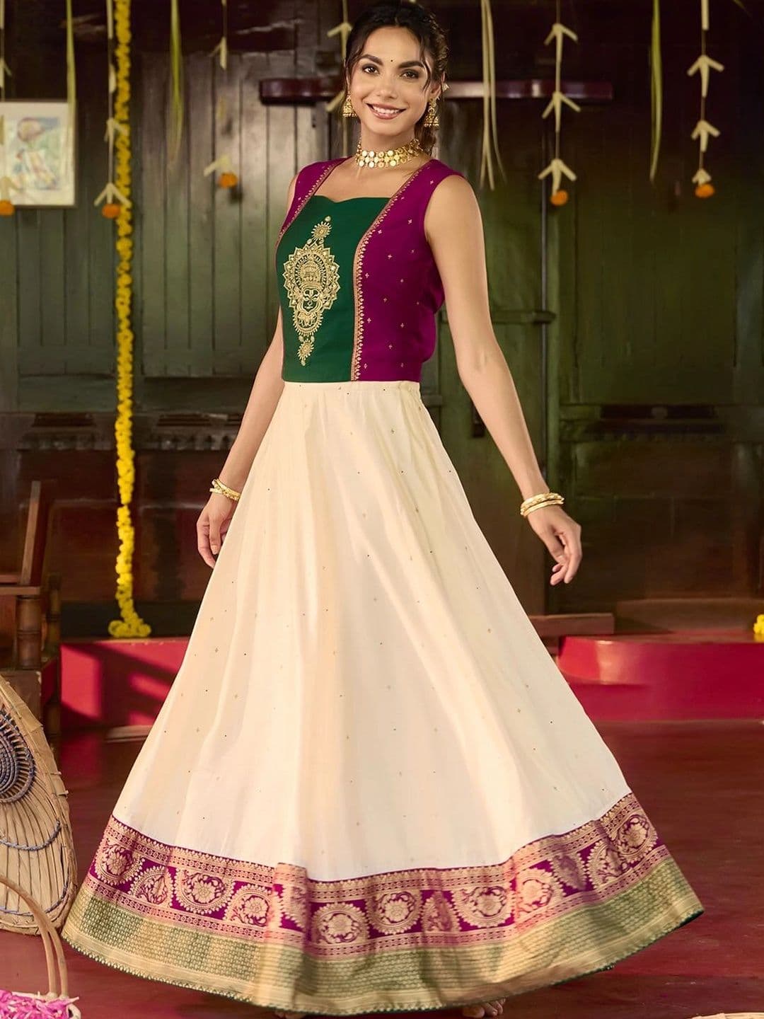 Maybell Women's Silk Blend Embroidered Square Neck Onam Theme Top with Skirt Set thumbnail 4
