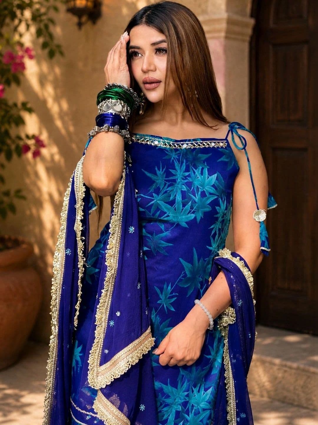 KALINI Women Floral Printed Regular Gotta Patti Kurta with Sharara & With Dupatta thumbnail 2