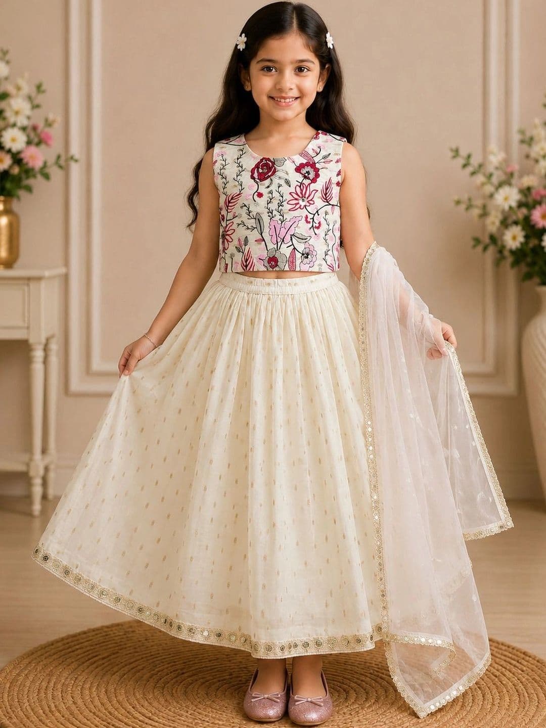 KALINI Girls Embroidered Mirror Work Ready to Wear Lehenga & Blouse With Dupatta - view 1