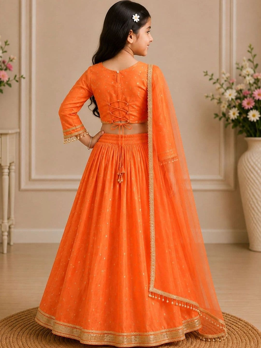 KALINI Girls Embroidered Mirror Work Ready to Wear Lehenga & Blouse With Dupatta thumbnail 4