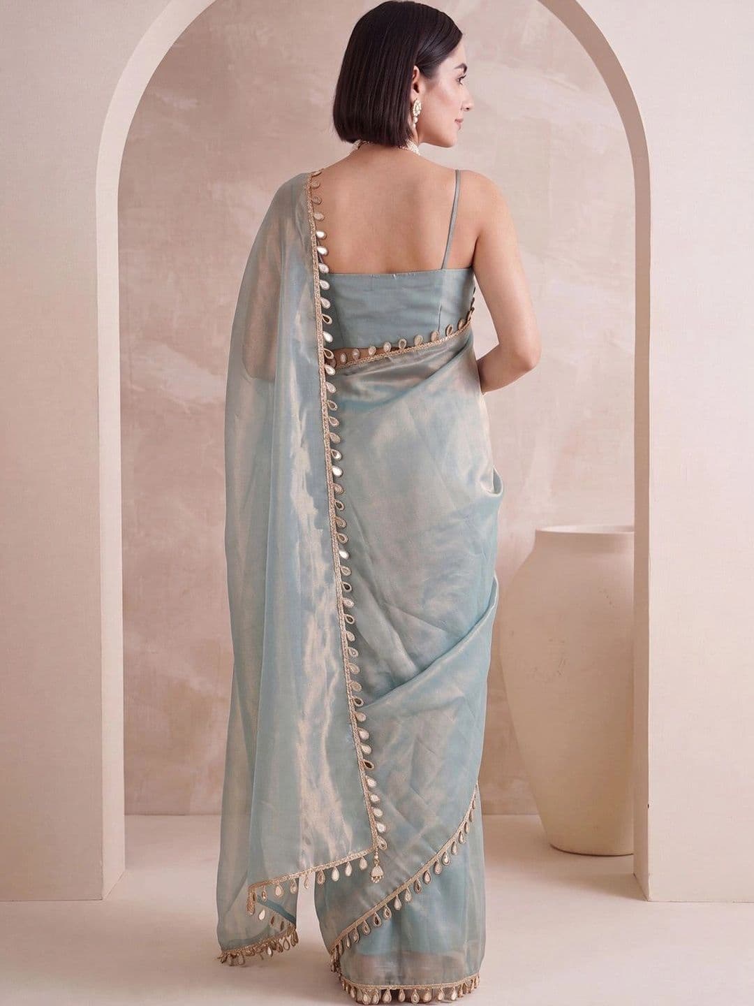 Anouk Mirror Work Satin Designer Saree thumbnail 2