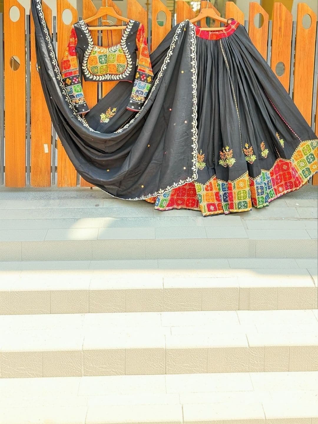 DAYLOOM Embellished Mirror Work Semi-Stitched Lehenga & Unstitched Blouse With Dupatta thumbnail 3