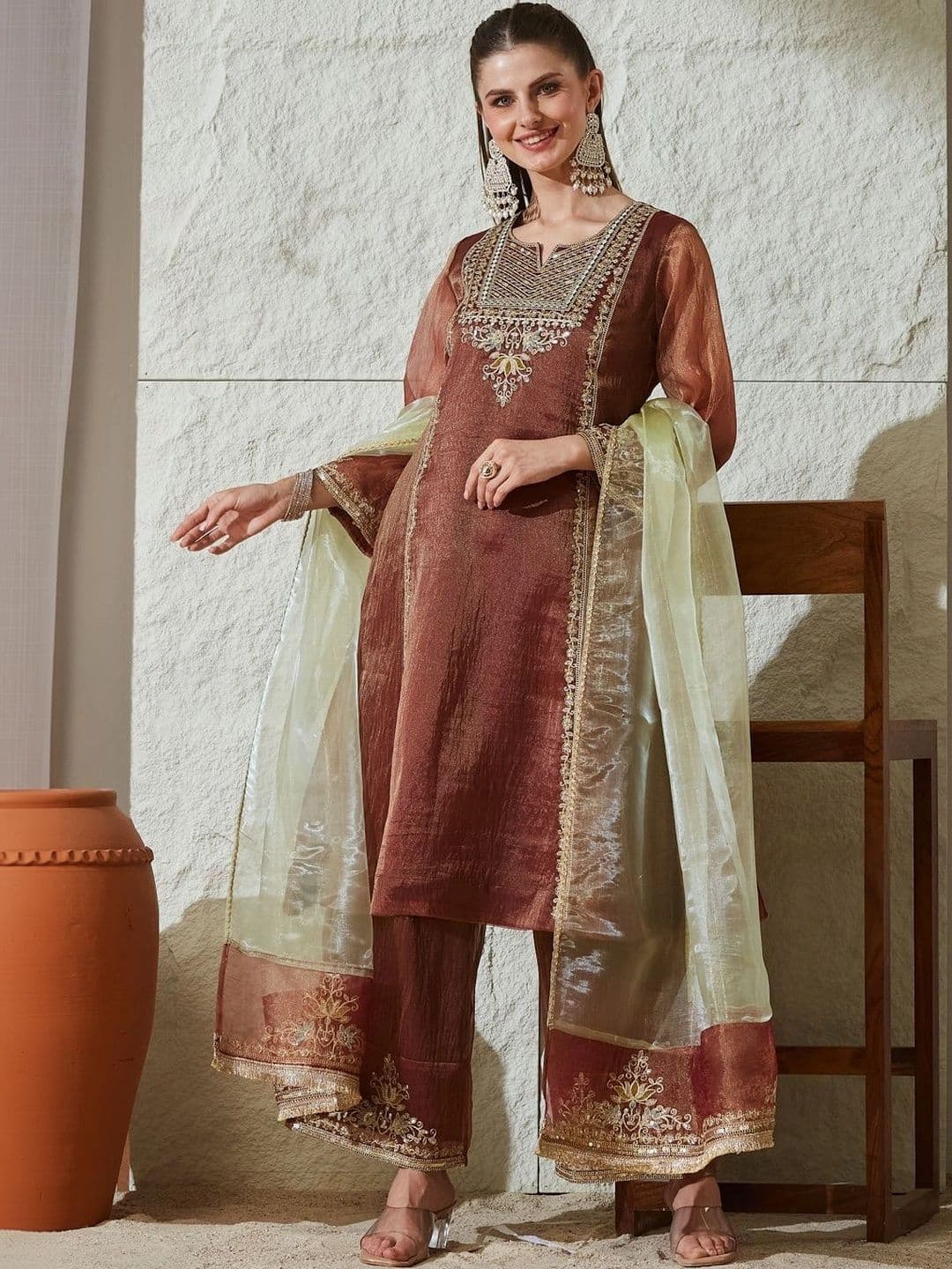 MOKOSH Women Ethnic Motifs Embroidered Regular Pure Silk Kurta with Palazzos & Dupatta - view 1