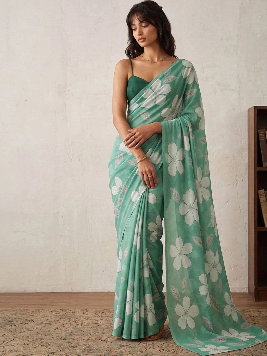 KINDA DESI Floral Zari Pure Chiffon Fusion Saree thumbnail 6