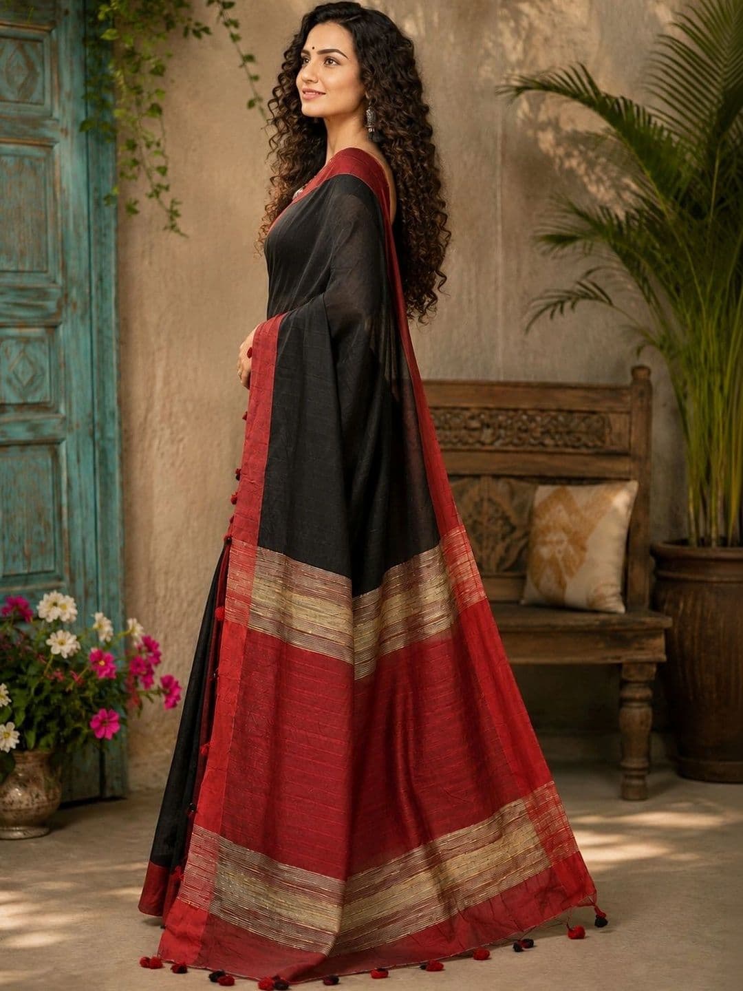 Crochetin Striped Handloom Saree thumbnail 2
