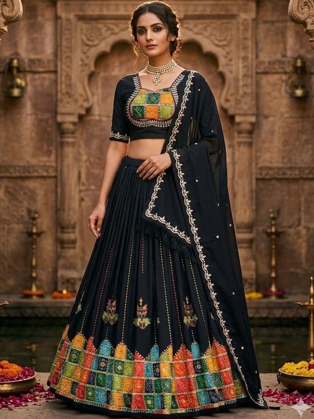 DAYLOOM Embellished Mirror Work Semi-Stitched Lehenga & Unstitched Blouse With Dupatta - view 1