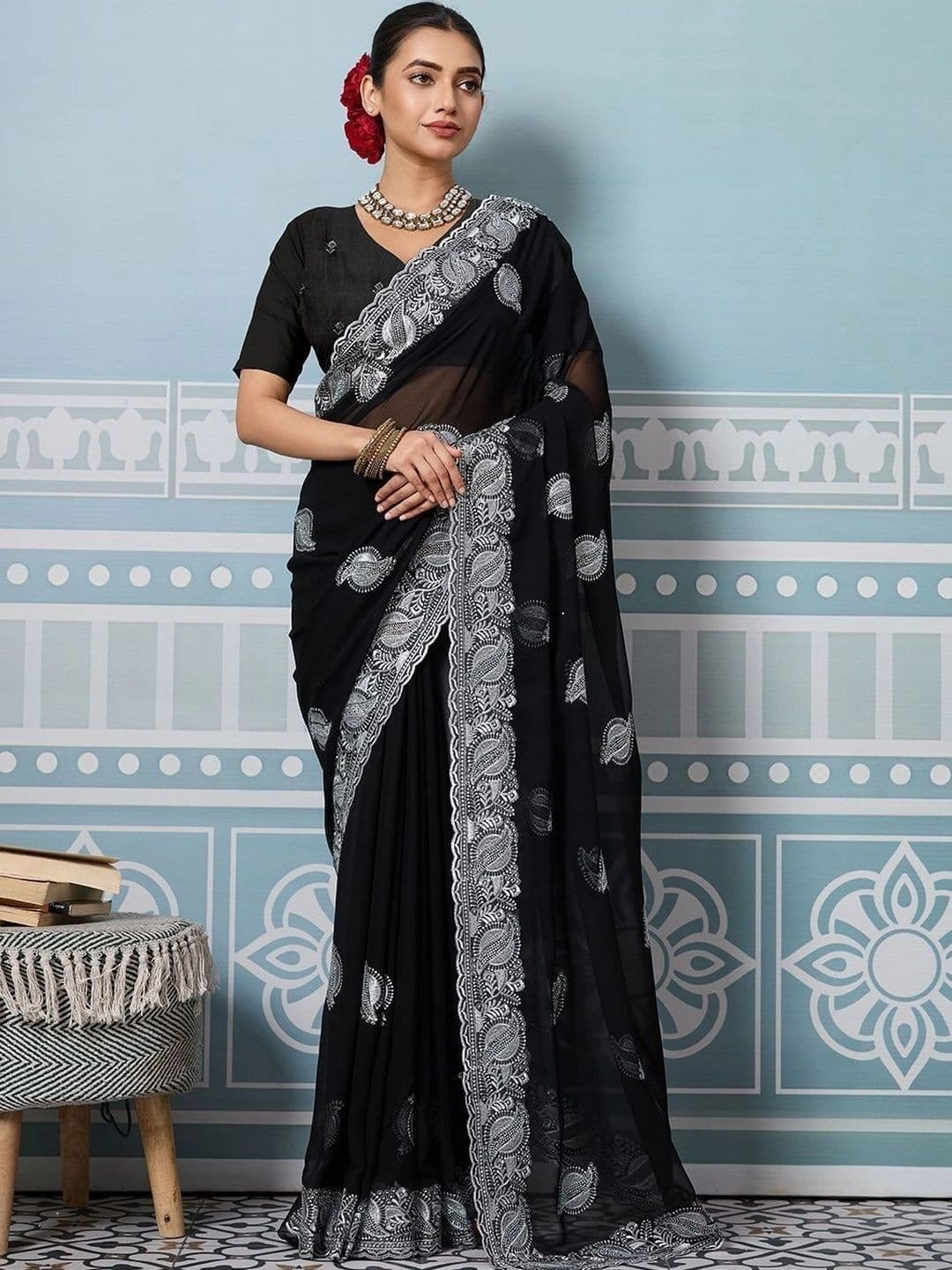 Leelavati Paisley Embroidered Pure Georgette Saree - view 1