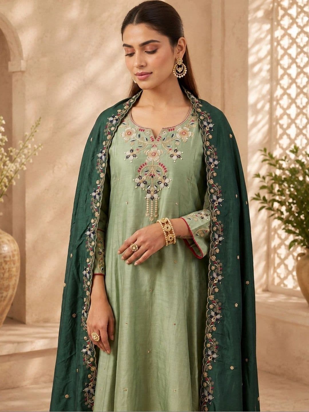 Ariya Prints Women Ethnic Motifs Embroidered Regular Thread Work Kurta with Palazzos & With Dupatta thumbnail 2
