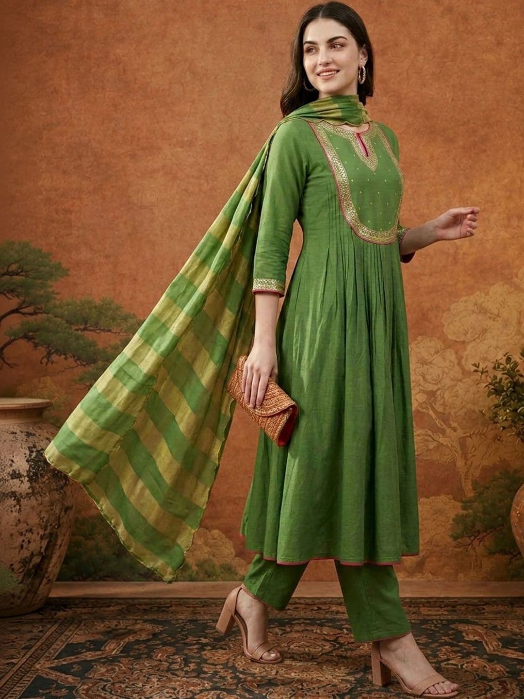 Sangria Women Empire Sequinned Chanderi Silk Kurta with Trousers & With Dupatta - view 1