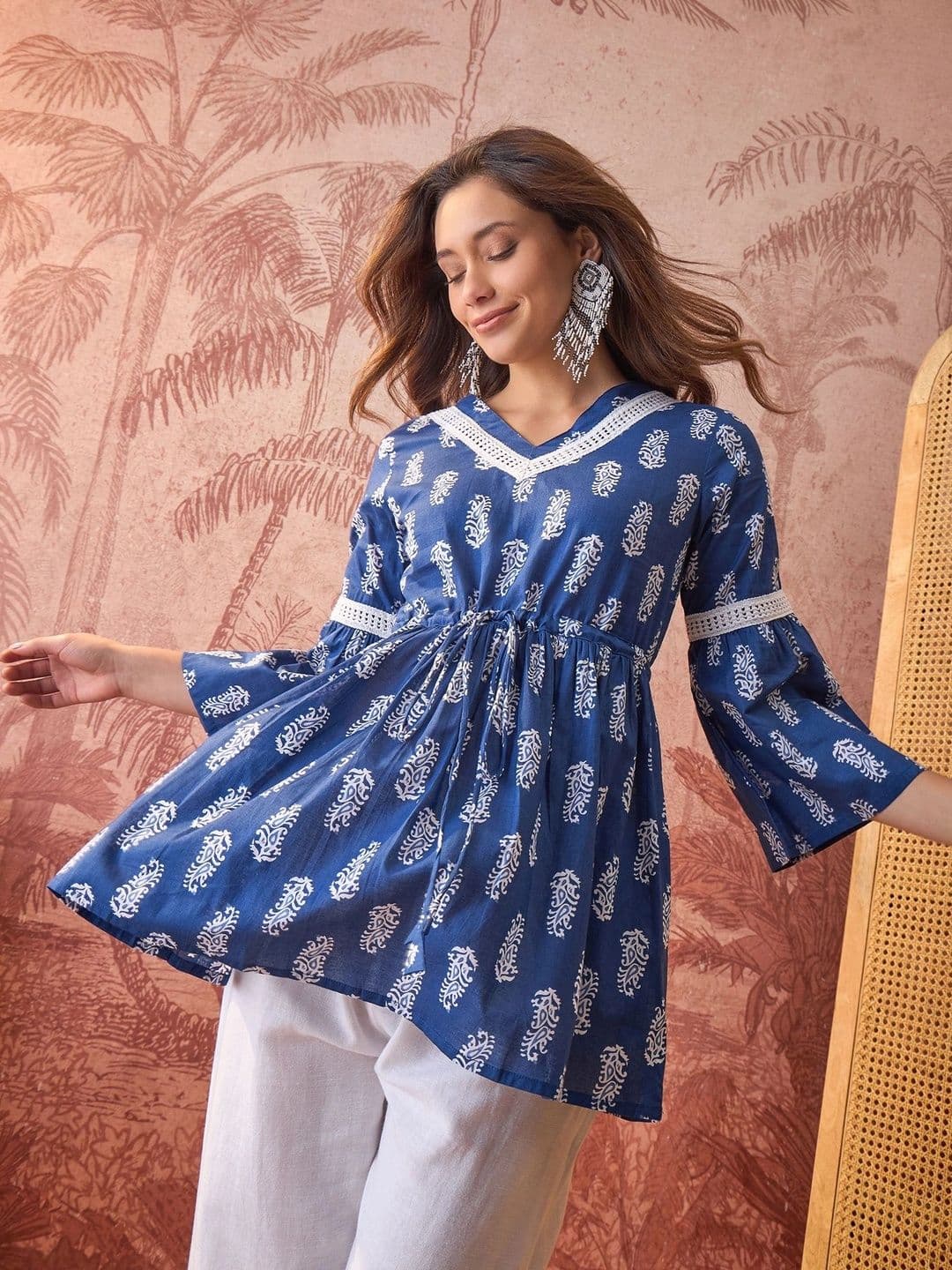 Sangria Ethnic Motifs Printed V-Neck Flared Sleeves Pure Cotton Blend Kurti thumbnail 4