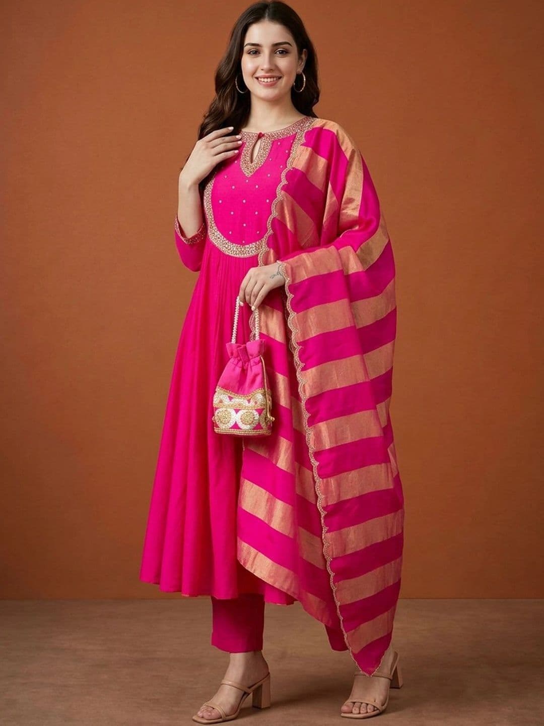 Sangria Women Embroidered Empire Sequinned Chanderi Silk Kurta with Trousers & With Dupatta thumbnail 5