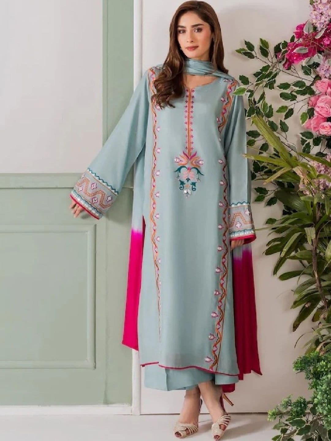 VARNI FABRICS Women Floral Embroidered Silk Crepe Straight Kurta with Trousers & Dupatta thumbnail 6