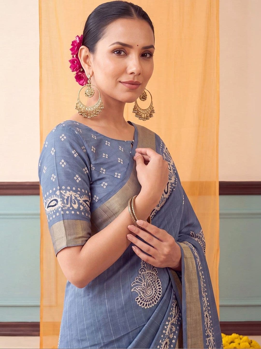 Anouk Batik Zari Silk Blend Designer Block Print Saree thumbnail 5