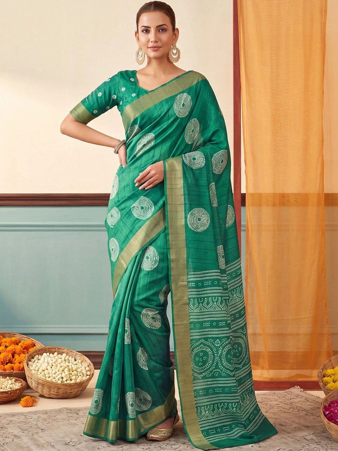 Anouk Bandhani Zari Silk Blend Designer Block Print Saree - view 1