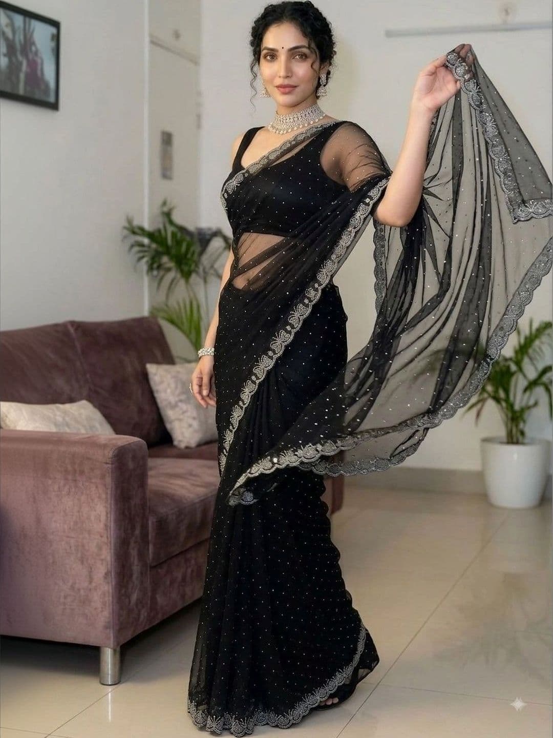Akshmi Creation Embellished Supernet Saree - view 1