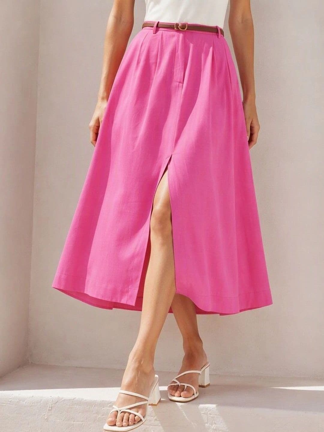Virgio Solid Viscose Rayon Flared Midi Skirt for Women thumbnail 8