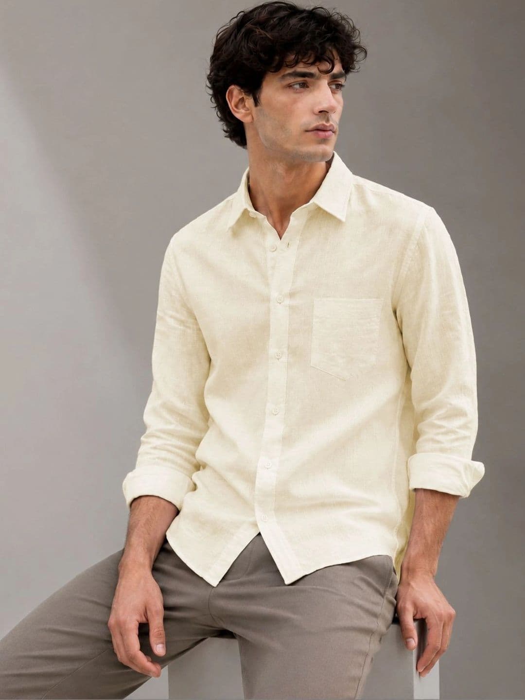 FRANKSHIRT Men's CreamTextured Linen Shirt Full Sleeve Casual Regular Fit Shirt thumbnail 2