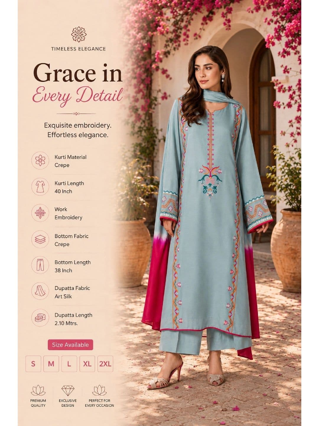 VARNI FABRICS Women Floral Embroidered Silk Crepe Straight Kurta with Trousers & Dupatta thumbnail 3