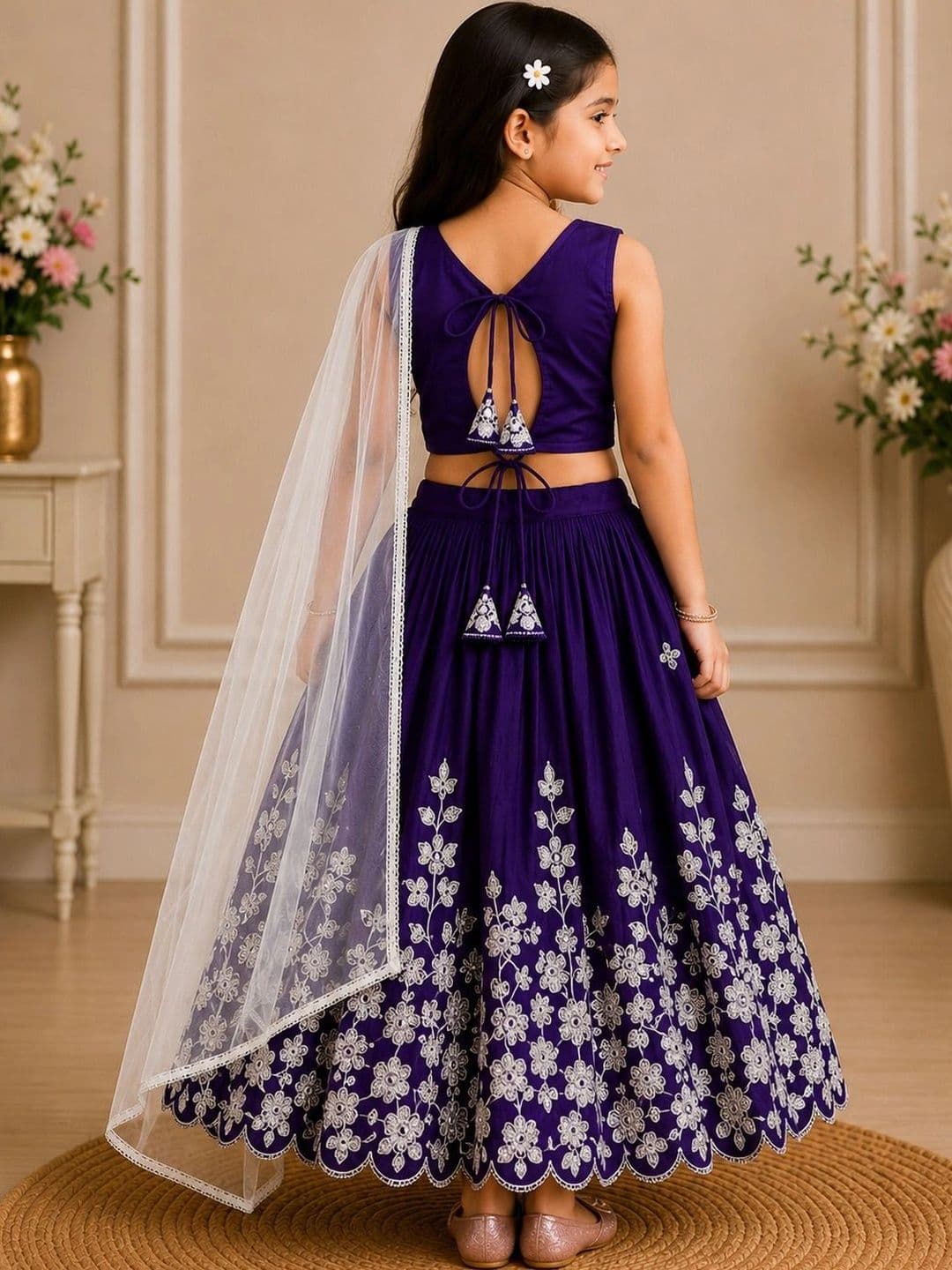 KALINI Girls Embroidered Thread Work Ready to Wear Lehenga & Blouse With Dupatta thumbnail 2