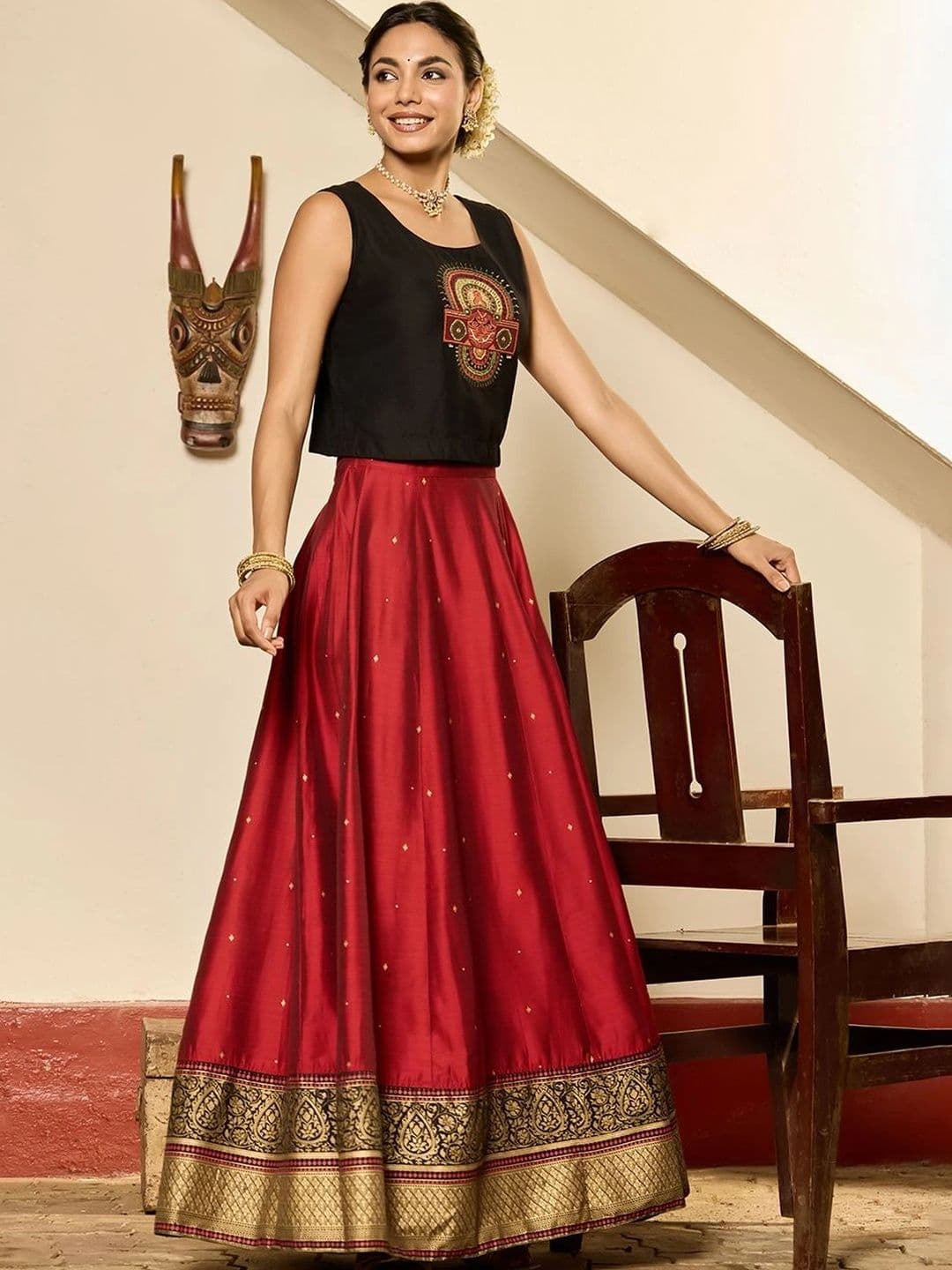 Maybell Women's Silk Blend Embroidered Round Neck Onam Theme Top with Skirt Set thumbnail 2