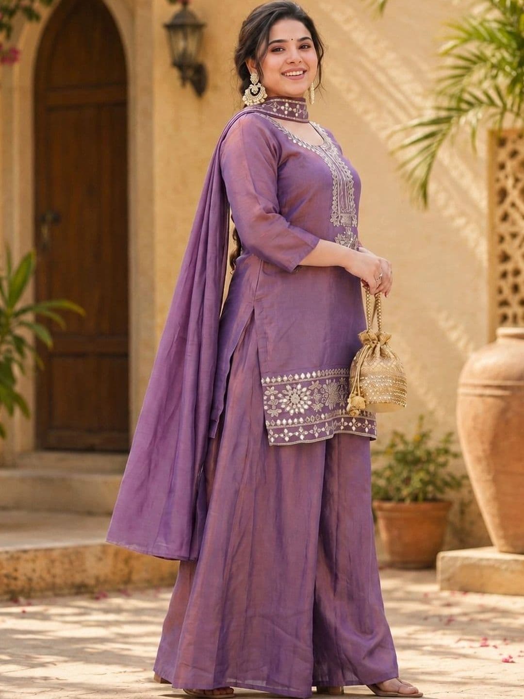 Sangria Ethnic Motifs Embroidered Regular Mirror Work Kurta with Palazzos & With Dupatta thumbnail 5