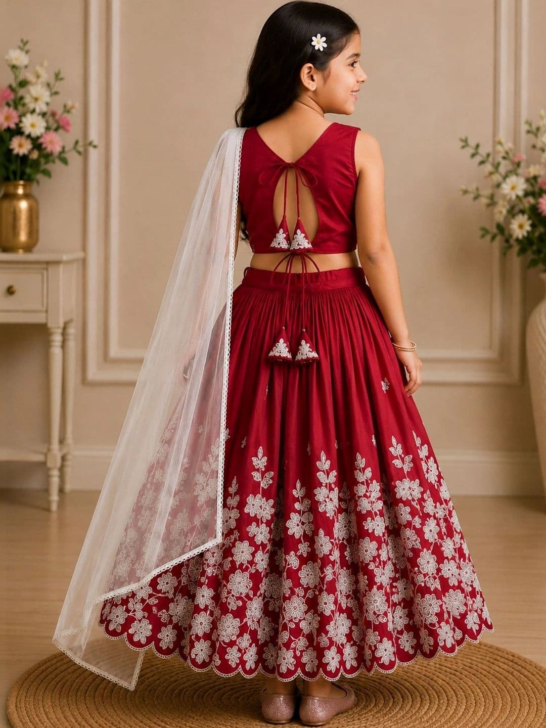 KALINI Girls Embroidered Thread Work Ready to Wear Lehenga & Blouse With Dupatta thumbnail 6