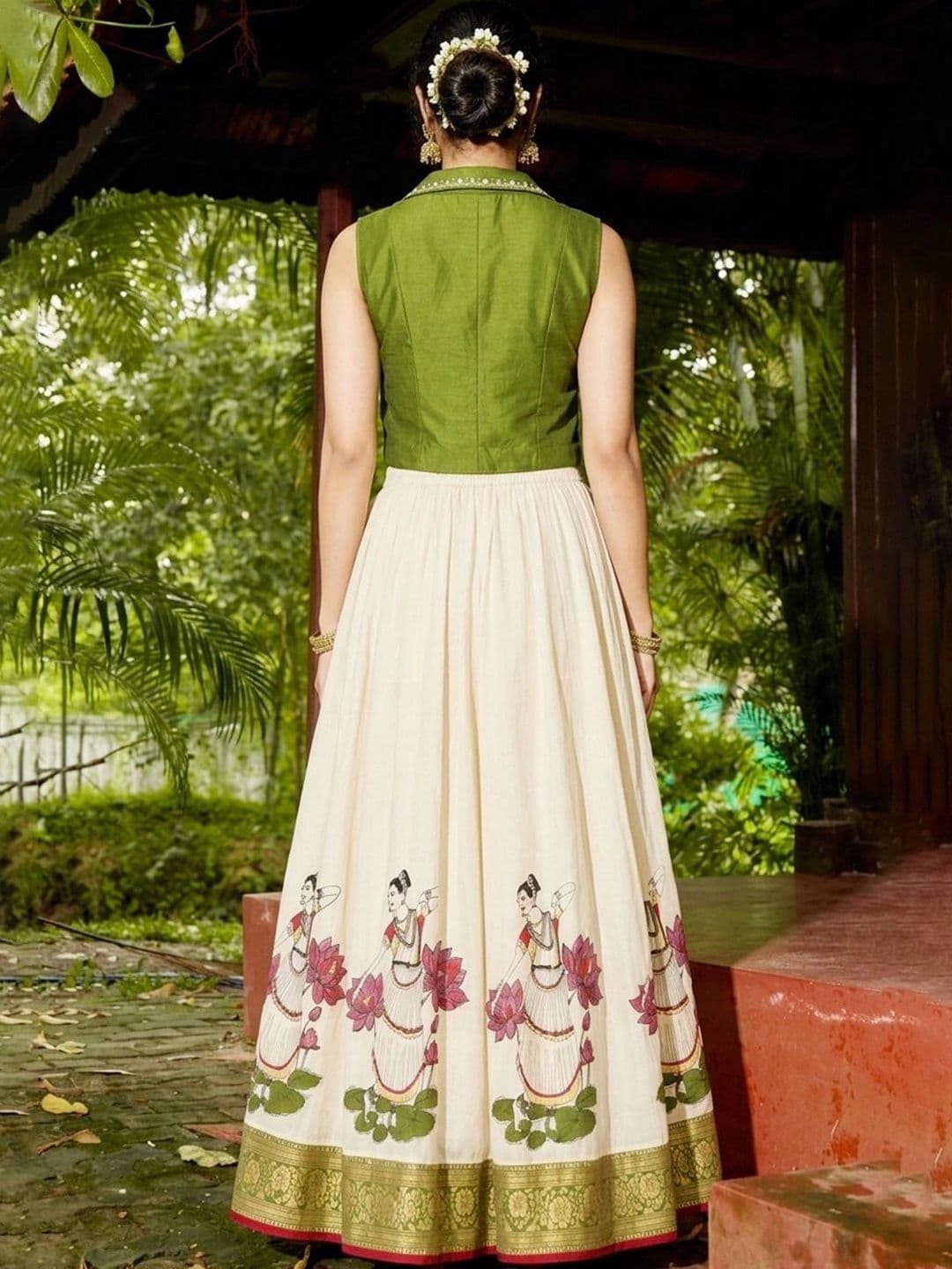 Maybell Women's Raw silk Printed Shirt Collar Onam Theme Top with Skirt Set thumbnail 4