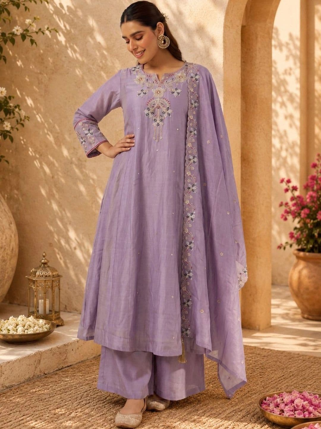 Sangria Ethnic Motifs Embroidered Regular Thread Work Kurta with Palazzos & With Dupatta - view 1