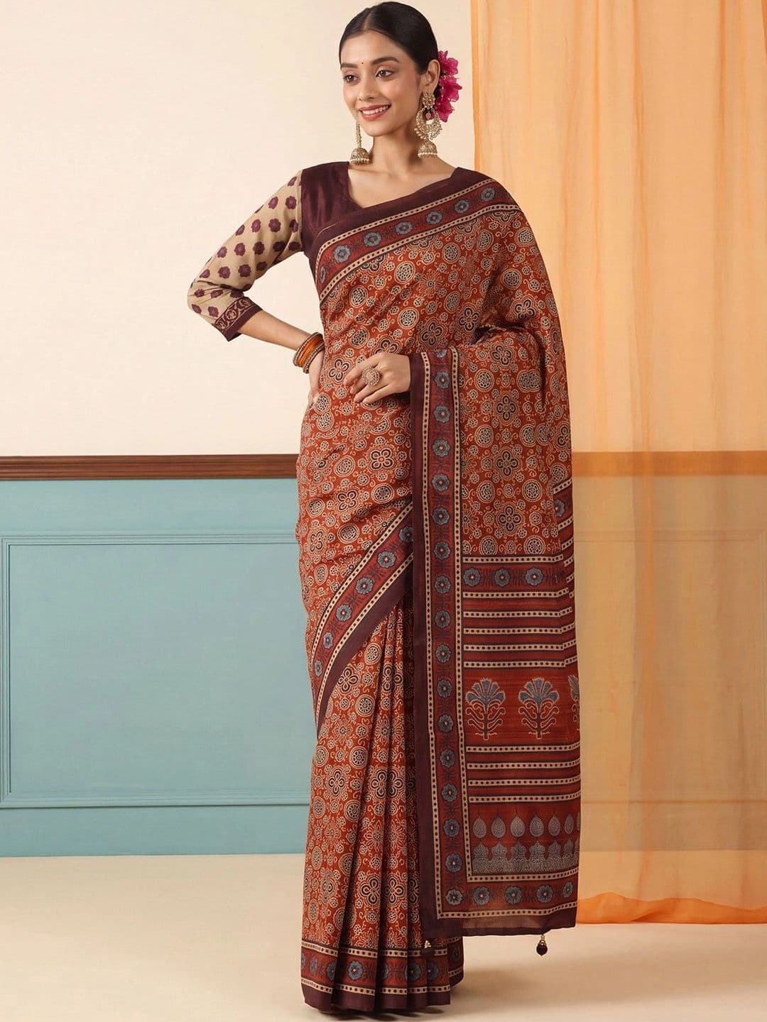 Anouk Ajrak Block Silk Blend Designer Block Print Saree - view 1