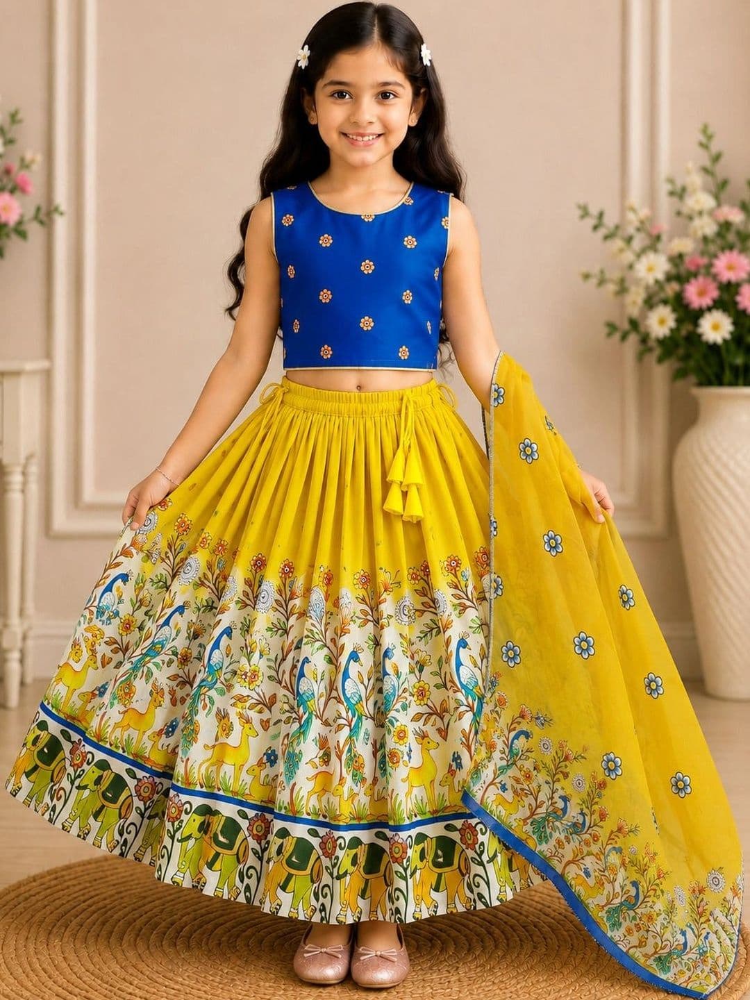 KALINI Girls Printed Kalamkari Ready to Wear Lehenga & Blouse With Dupatta - view 1