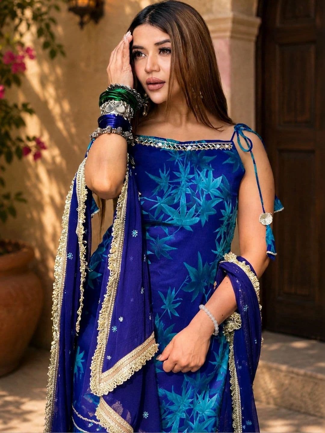 Sangria Women Floral Printed Regular Gotta Patti Kurta with Sharara & With Dupatta thumbnail 3
