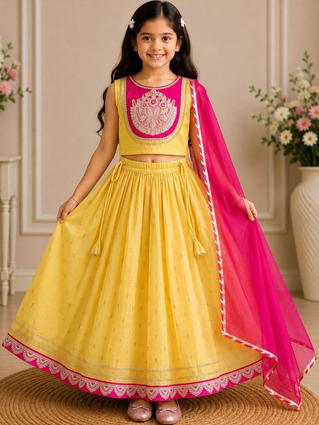KALINI Girls Embellished Thread Work Ready to Wear Lehenga & Blouse With Dupatta - view 1